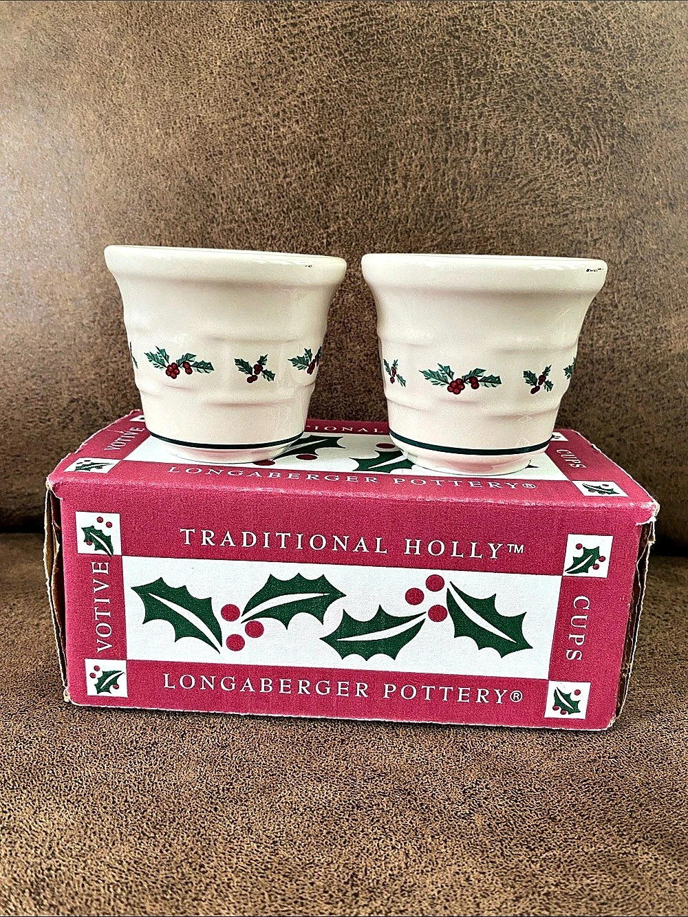 Longaberger Pottery Traditional Holly Votive Cups - Set of 2